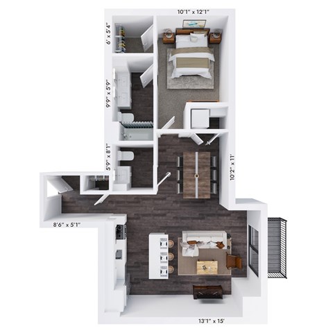 Floor plan for 1 bed, 1.5 baths, 909 sqft